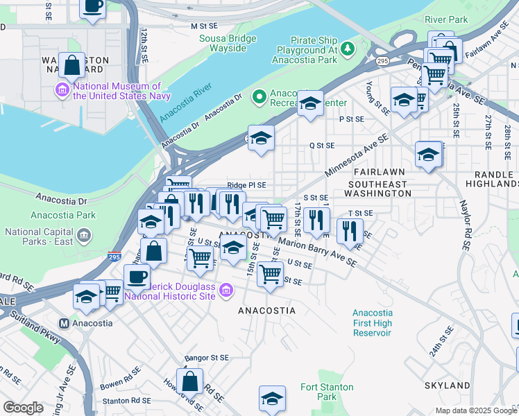 map of restaurants, bars, coffee shops, grocery stores, and more near 1444 T Street Southeast in Washington