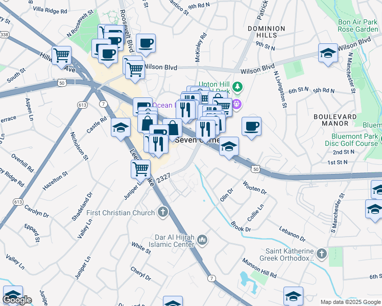 map of restaurants, bars, coffee shops, grocery stores, and more near 3010 Patrick Henry Drive in Falls Church