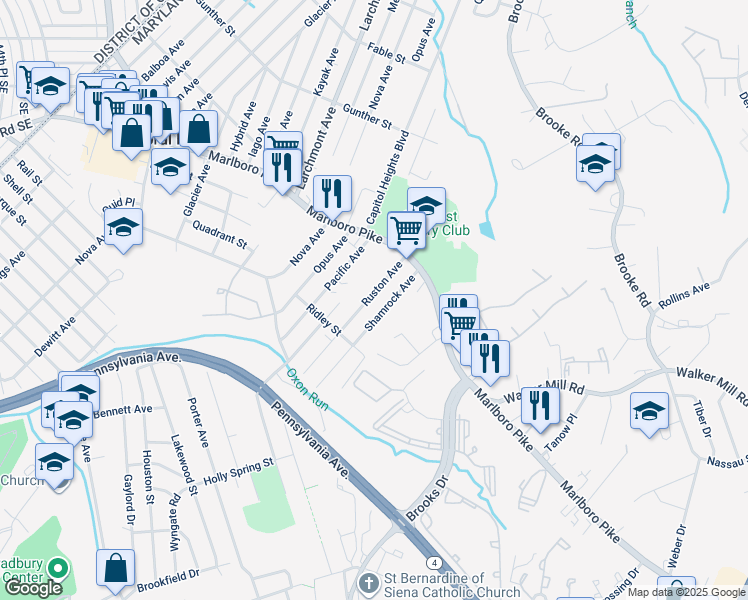 map of restaurants, bars, coffee shops, grocery stores, and more near 1528 Ruston Avenue in Capitol Heights