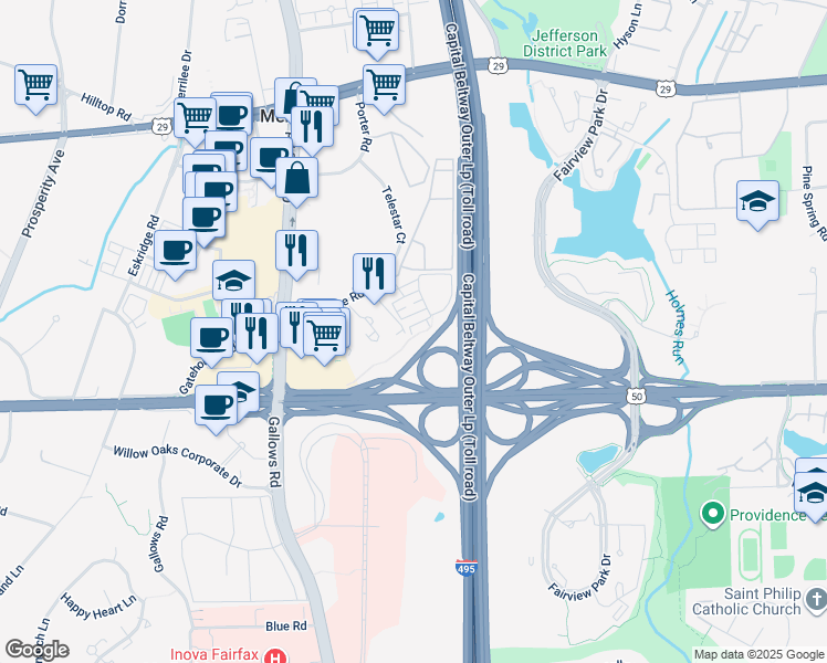 map of restaurants, bars, coffee shops, grocery stores, and more near 8071 Nicosh Circle Lane in Falls Church