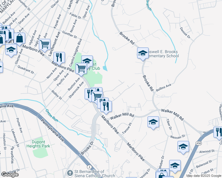 map of restaurants, bars, coffee shops, grocery stores, and more near 5264 Marlboro Pike in Capitol Heights
