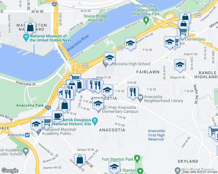 map of restaurants, bars, coffee shops, grocery stores, and more near 1444 T Street Southeast in Washington