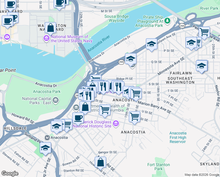 map of restaurants, bars, coffee shops, grocery stores, and more near 101 Independence Avenue Southeast in Washington