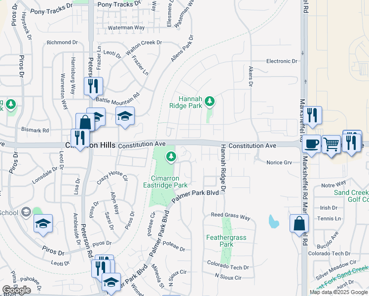 map of restaurants, bars, coffee shops, grocery stores, and more near 2447 Cherokee Park Place in Colorado Springs