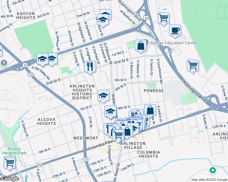 map of restaurants, bars, coffee shops, grocery stores, and more near 51 South Walter Reed Drive in Arlington