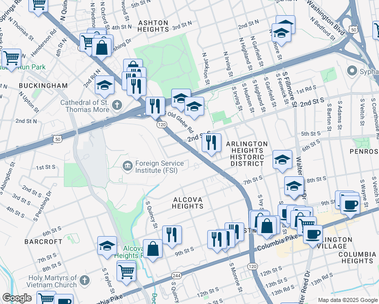 map of restaurants, bars, coffee shops, grocery stores, and more near 284 South Glebe Road in Arlington