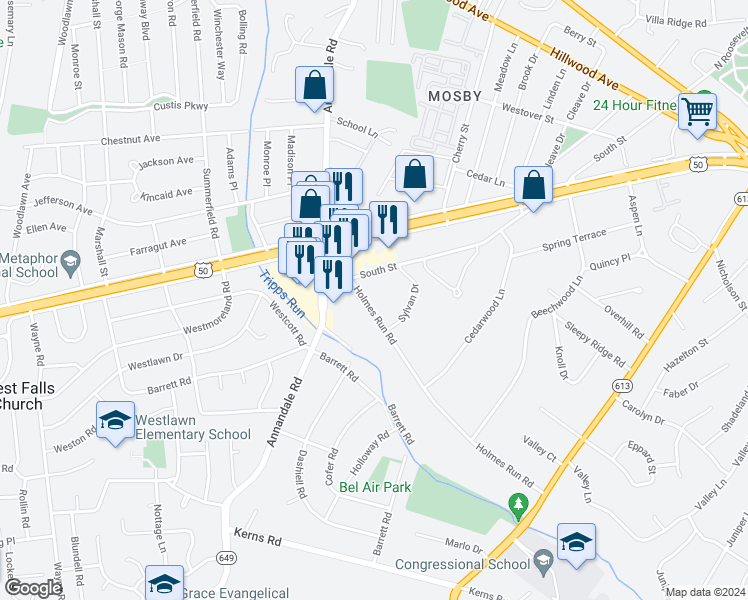 map of restaurants, bars, coffee shops, grocery stores, and more near 3035 Holmes Run Road in Falls Church
