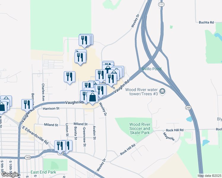 map of restaurants, bars, coffee shops, grocery stores, and more near 1870 Memorial Lane in Wood River