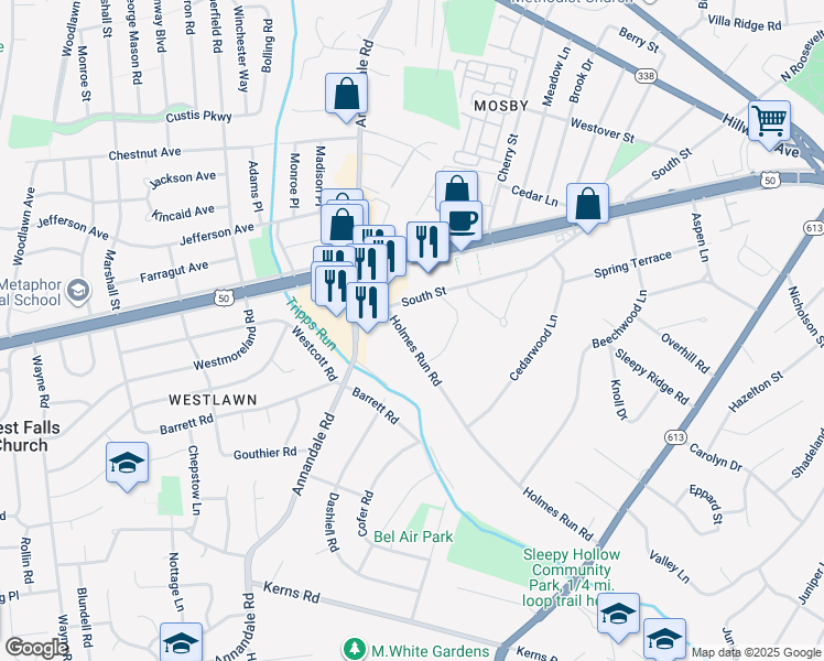 map of restaurants, bars, coffee shops, grocery stores, and more near 3035 Holmes Run Road in Falls Church