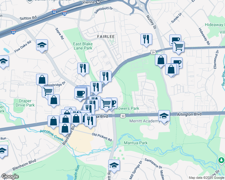 map of restaurants, bars, coffee shops, grocery stores, and more near 9377A U.S. 29 in Fairfax