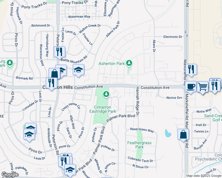 map of restaurants, bars, coffee shops, grocery stores, and more near 2451 Shawnee Drive in Colorado Springs