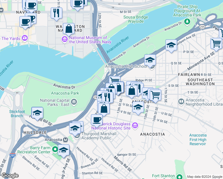 map of restaurants, bars, coffee shops, grocery stores, and more near 101 Independence Avenue Southeast in Washington