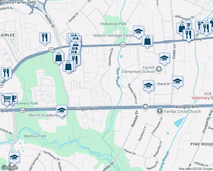 map of restaurants, bars, coffee shops, grocery stores, and more near 3037 Silent Valley Drive in Fairfax