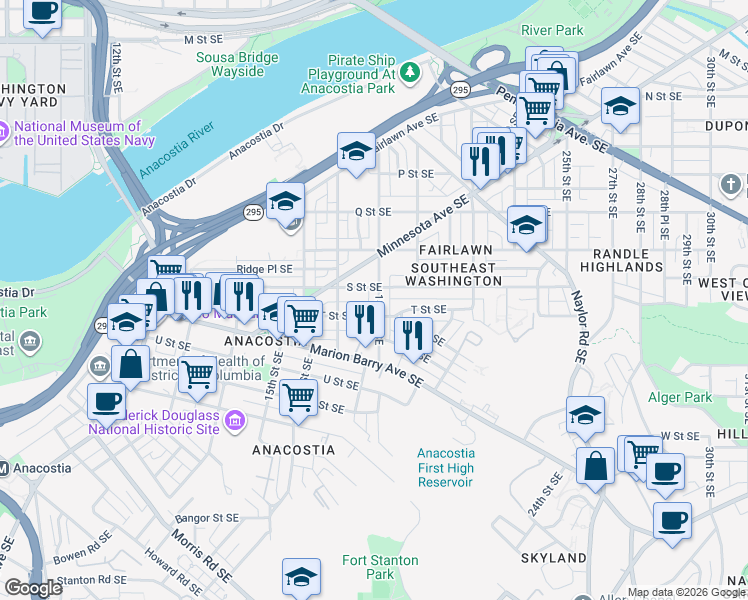 map of restaurants, bars, coffee shops, grocery stores, and more near 1811 18th Street Southeast in Washington