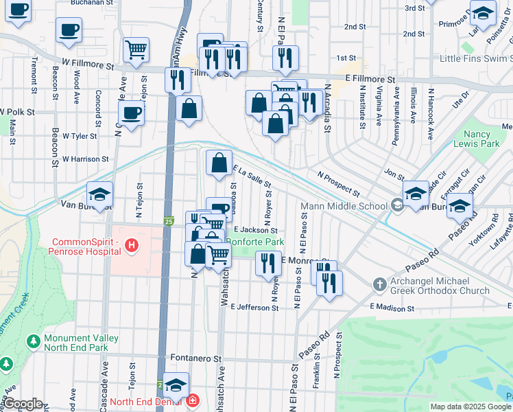 map of restaurants, bars, coffee shops, grocery stores, and more near 2436 North Royer Street in Colorado Springs