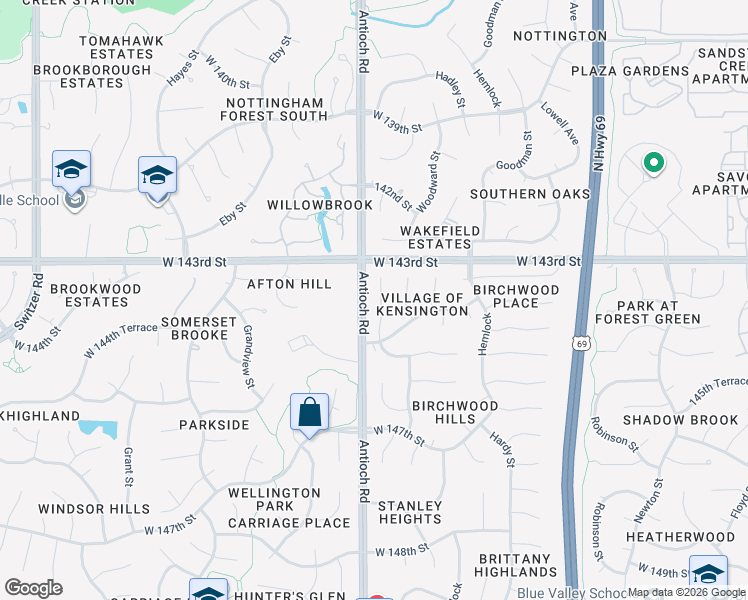 map of restaurants, bars, coffee shops, grocery stores, and more near 14320 Mackey Street in Overland Park