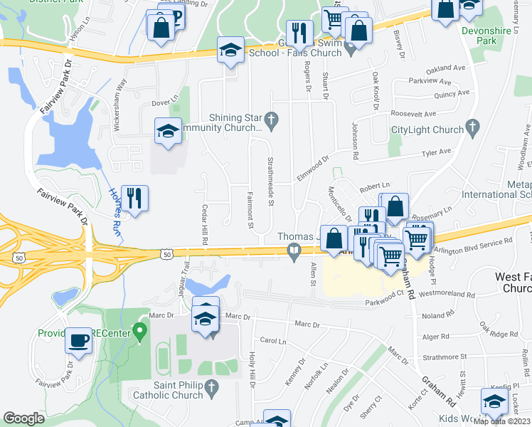 map of restaurants, bars, coffee shops, grocery stores, and more near 3012 Strathmeade Street in Falls Church