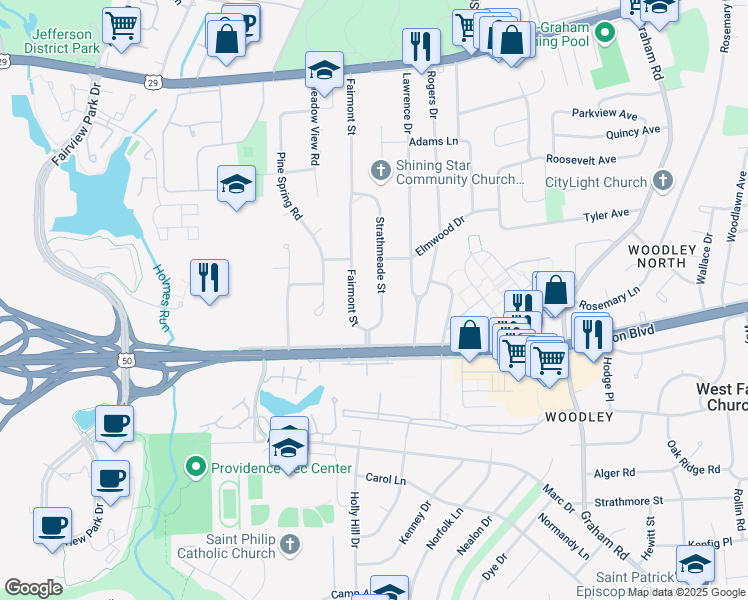 map of restaurants, bars, coffee shops, grocery stores, and more near 3012 Strathmeade Street in Falls Church
