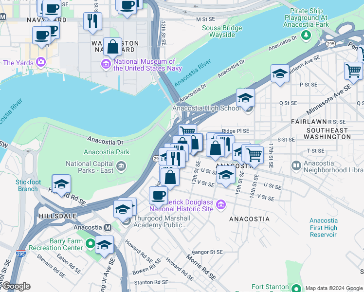 map of restaurants, bars, coffee shops, grocery stores, and more near 1108 Good Hope Road Southeast in Washington