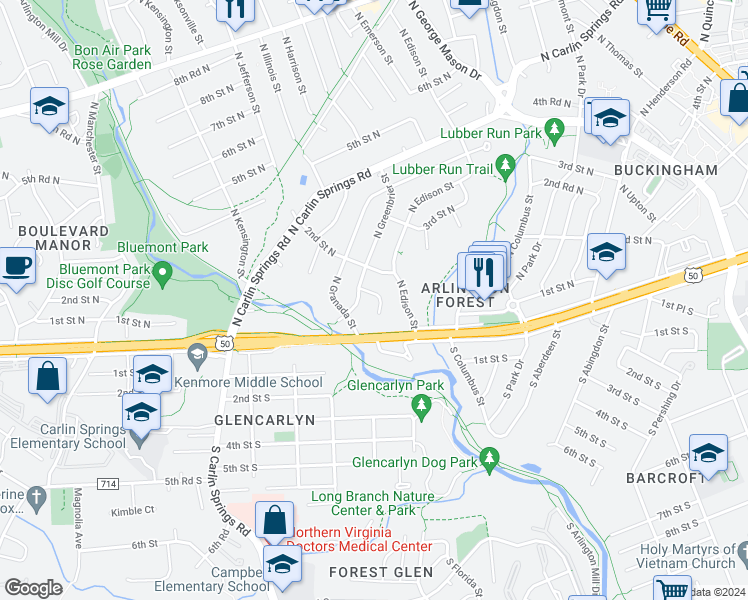 map of restaurants, bars, coffee shops, grocery stores, and more near 5124 1st Street North in Arlington