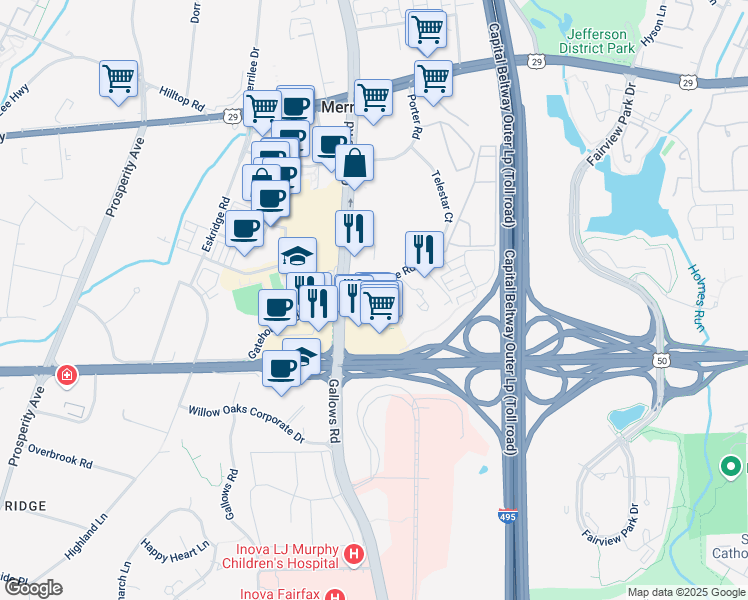 map of restaurants, bars, coffee shops, grocery stores, and more near 8136 Shadwell Park Lane in Falls Church