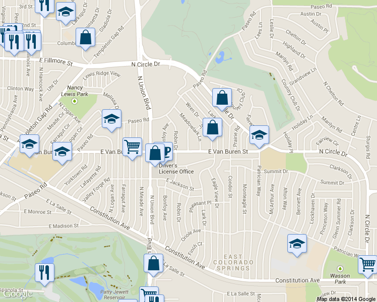 map of restaurants, bars, coffee shops, grocery stores, and more near 2505 Robin Drive in Colorado Springs