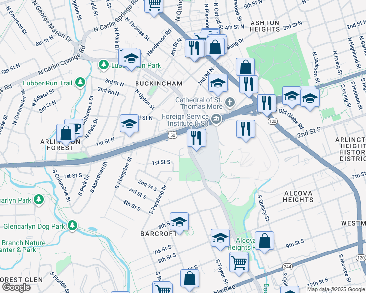 map of restaurants, bars, coffee shops, grocery stores, and more near 4421 1st Place South in Arlington