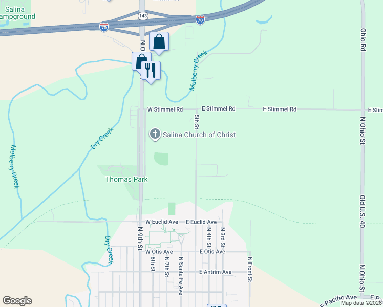 map of restaurants, bars, coffee shops, grocery stores, and more near 1615 North 5th Street in Salina
