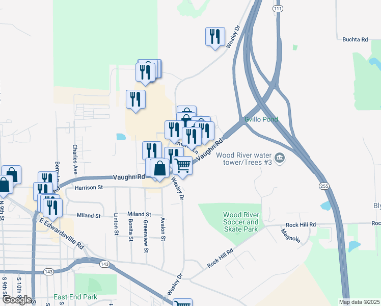 map of restaurants, bars, coffee shops, grocery stores, and more near 1870 Memorial Lane in Wood River