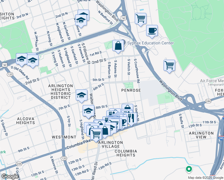 map of restaurants, bars, coffee shops, grocery stores, and more near 623 South Barton Street in Arlington