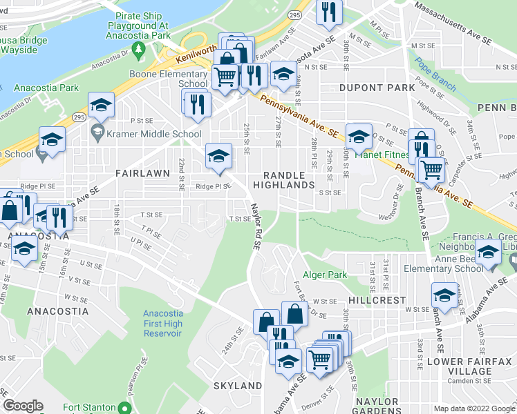 map of restaurants, bars, coffee shops, grocery stores, and more near 2600 Naylor Road Southeast in Washington
