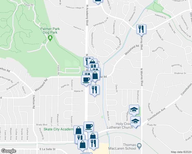 map of restaurants, bars, coffee shops, grocery stores, and more near 2399 Academy Place in Colorado Springs
