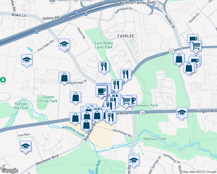 map of restaurants, bars, coffee shops, grocery stores, and more near 9514B Lee Highway in Fairfax