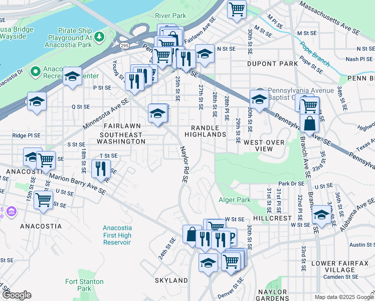 map of restaurants, bars, coffee shops, grocery stores, and more near 2600 Naylor Road Southeast in Washington