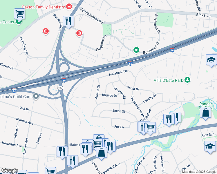 map of restaurants, bars, coffee shops, grocery stores, and more near 10307 Tecumseh Lane in Fairfax