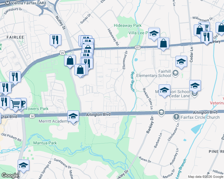 map of restaurants, bars, coffee shops, grocery stores, and more near 9004 Jersey Drive in Fairfax