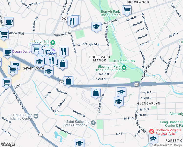 map of restaurants, bars, coffee shops, grocery stores, and more near 110 North Montague Street in Arlington