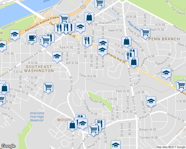 map of restaurants, bars, coffee shops, grocery stores, and more near 1814 28th Place Southeast in Washington