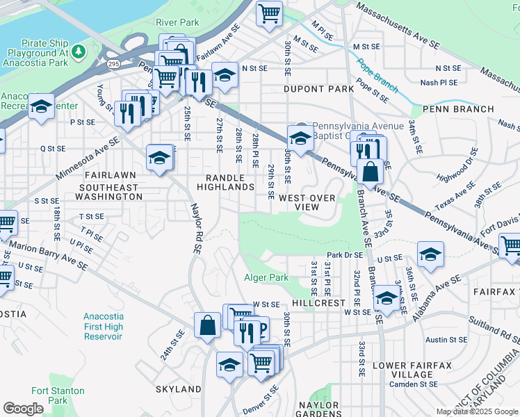 map of restaurants, bars, coffee shops, grocery stores, and more near 1814 28th Place Southeast in Washington