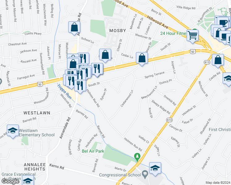 map of restaurants, bars, coffee shops, grocery stores, and more near 3023 Crane Drive in Falls Church
