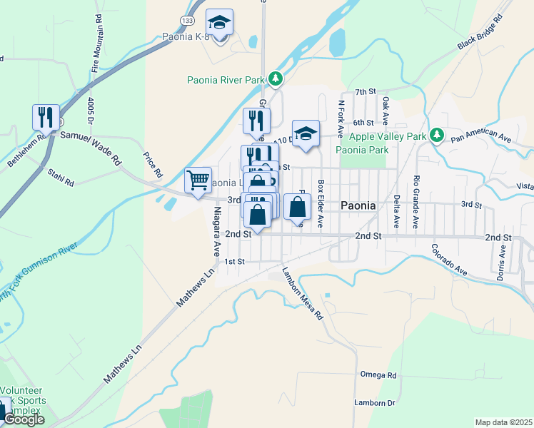 map of restaurants, bars, coffee shops, grocery stores, and more near 228 Grand Avenue in Paonia