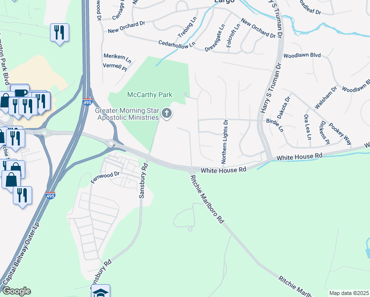 map of restaurants, bars, coffee shops, grocery stores, and more near 9626 Spiritual Lane in Upper Marlboro