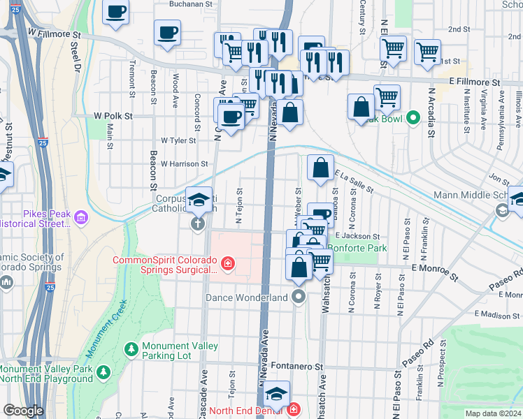 map of restaurants, bars, coffee shops, grocery stores, and more near 2430 North Nevada Avenue in Colorado Springs