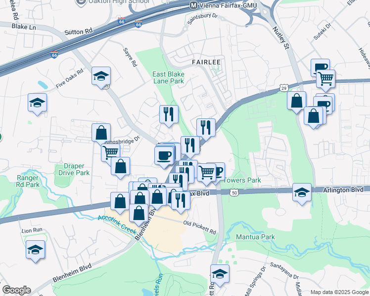 map of restaurants, bars, coffee shops, grocery stores, and more near 9518c Lee Highway in Fairfax