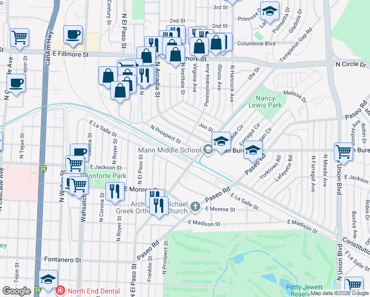 map of restaurants, bars, coffee shops, grocery stores, and more near 2710 North Prospect Street in Colorado Springs