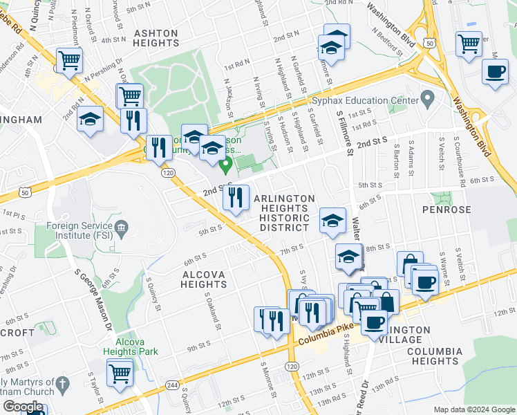 map of restaurants, bars, coffee shops, grocery stores, and more near 312 South Jackson Street in Arlington