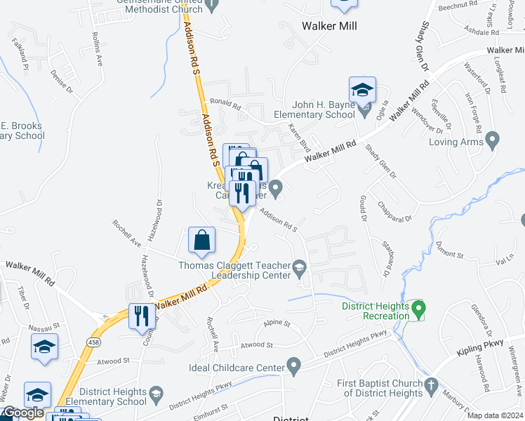 map of restaurants, bars, coffee shops, grocery stores, and more near 1631 Addison Road South in District Heights