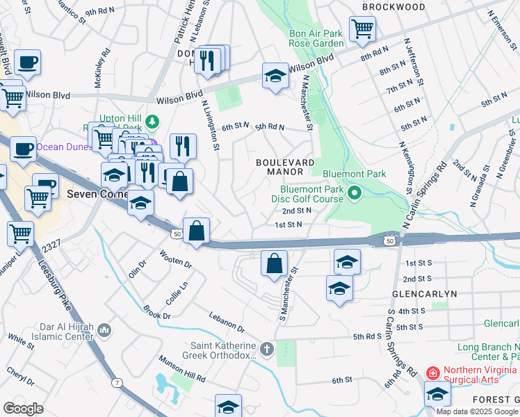 map of restaurants, bars, coffee shops, grocery stores, and more near 110 North Montague Street in Arlington
