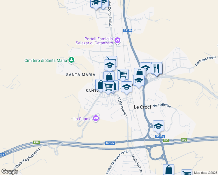 map of restaurants, bars, coffee shops, grocery stores, and more near 19 Via del Risorgimento in Catanzaro