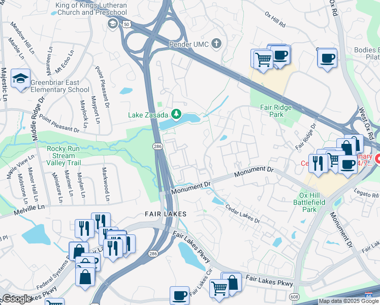 map of restaurants, bars, coffee shops, grocery stores, and more near 12562 Summit Manor Drive in Fairfax